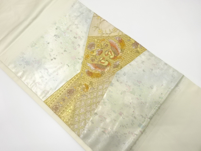 引箔　汕頭蘇州刺繍　向かい鳳凰に花模様織り出し　名古屋帯